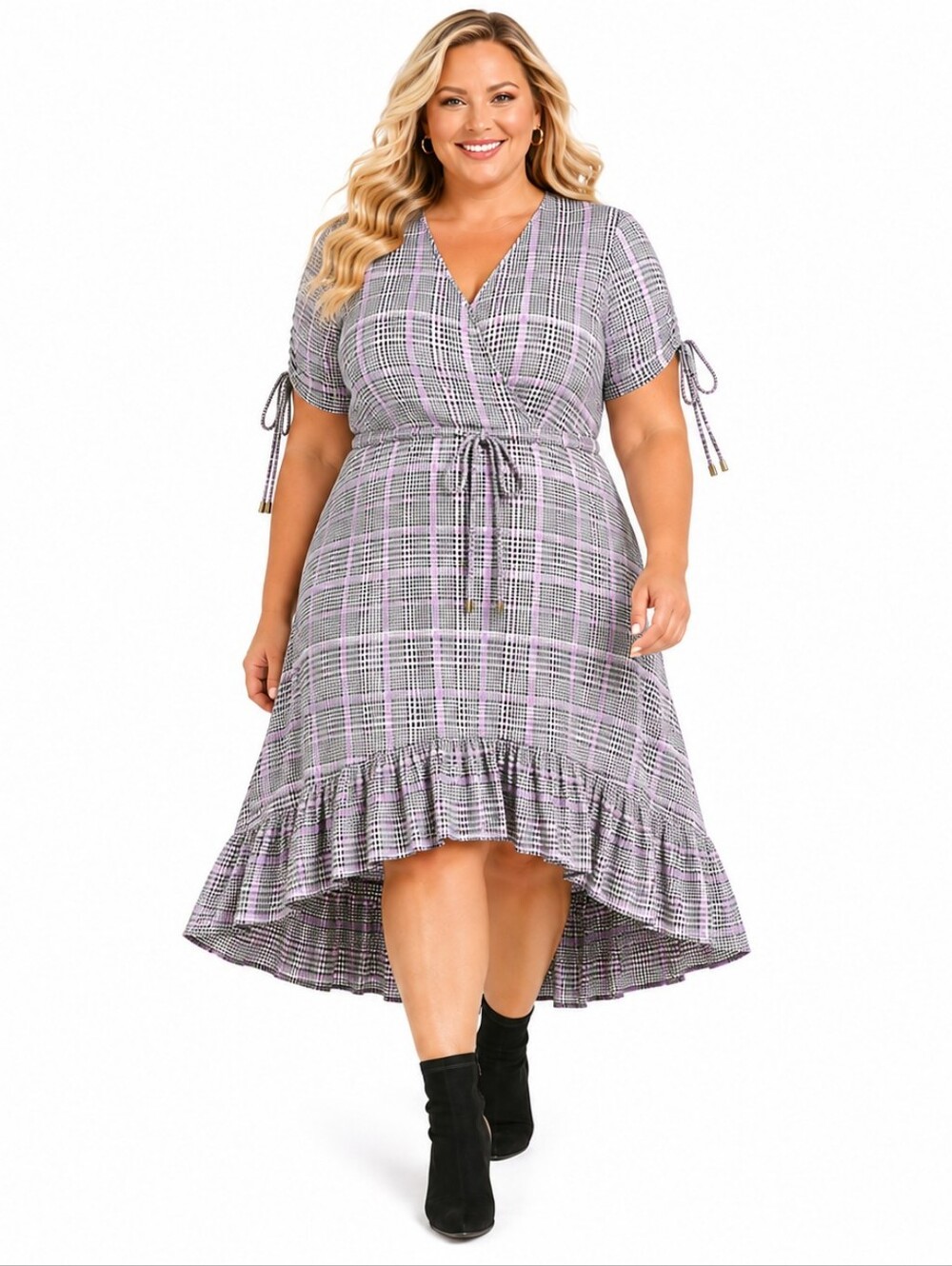 TORRID 3X Studio Knit Purple Black Plaid Wrap Midi Dress Pockets NWT